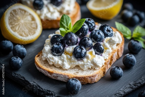 A delicious open-faced toast topped with creamy cottage cheese, fresh blueberries, and mint leaves, garnished with lemon. photo