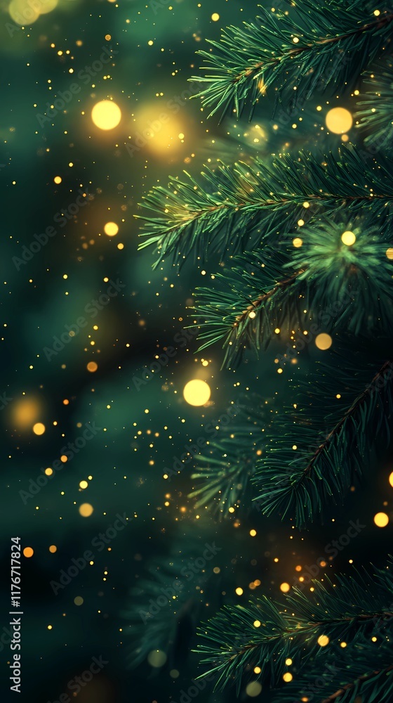 Blurred glowing bokeh lights softly illuminating lush green pine branches creating a cozy and festive holiday ambiance style book illustration Blurred glowing bokeh lights softly illuminating lush green pine branches creating a cozy and festive holiday ambiance style book illustration