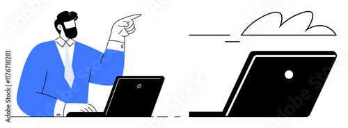 Man in blue shirt using a laptop, pointing towards cloud icon, indicating cloud computing. Ideal for themes technology, online services, data storage, remote work, digital communication, innovation