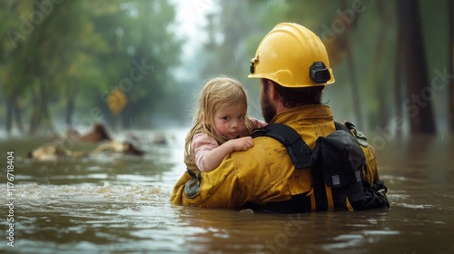 Heroic rescue of child from floodwaters community area photo emergency response close-up courage and compassion
