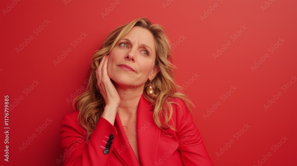 Contemplative woman in red blazer studio setting portrait photography warm environment close-up view elegance and confidence Contemplative woman in red blazer studio setting portrait photography warm environment close-up view elegance and confidence