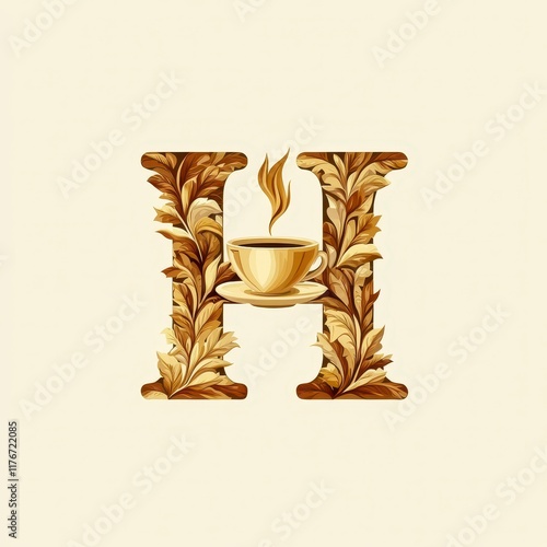 Ornate letter H with coffee cup design. photo