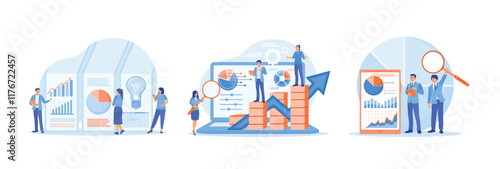 Business team studies marketing research and develops ideas for financial investments.