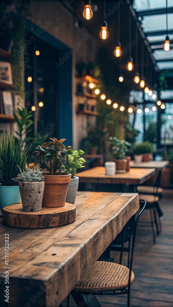 Cozy Cafe Interior with Rustic Tables, Plants & Warm Lighting V1 Cozy Cafe Interior with Rustic Tables, Plants & Warm Lighting V1