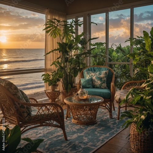 Tropical-themed living room with rattan furniture, leafy green plants, and a beachside sunset in the background.