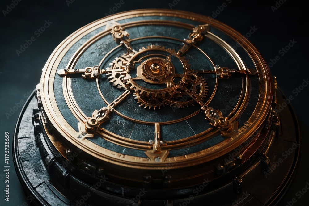 Naklejka premium Intricate steampunk mechanism featuring metallic gears and a textured surface.