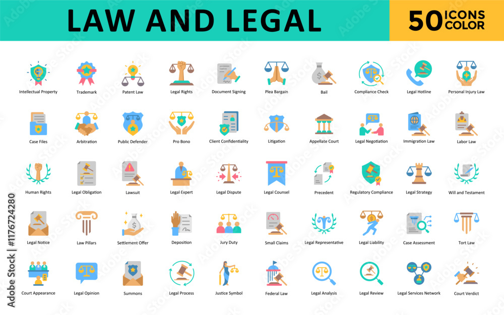 Law and Legal icons set with intellectual property, trademark, patent law, legal rights, document signing, plea bargain, bail, compliance check, legal hotline icon. Simple flat color vector
Law and Legal icons set with intellectual property, trademark, patent law, legal rights, document signing, plea bargain, bail, compliance check, legal hotline icon. Simple flat color vector