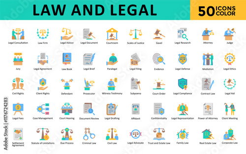 Law and Legal icons set with legal consultation, law firm, legal advice, legal document, courtroom, scales of justice, gavel, legal research, attorney, judge icon. Simple flat color vector 
