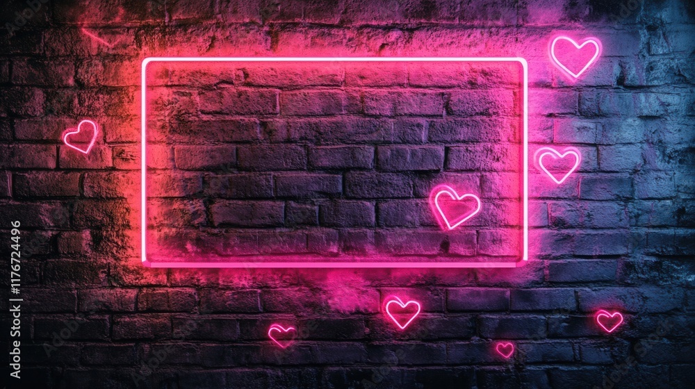 Neon hearts on textured wall for creative messages. Neon hearts on textured wall for creative messages.