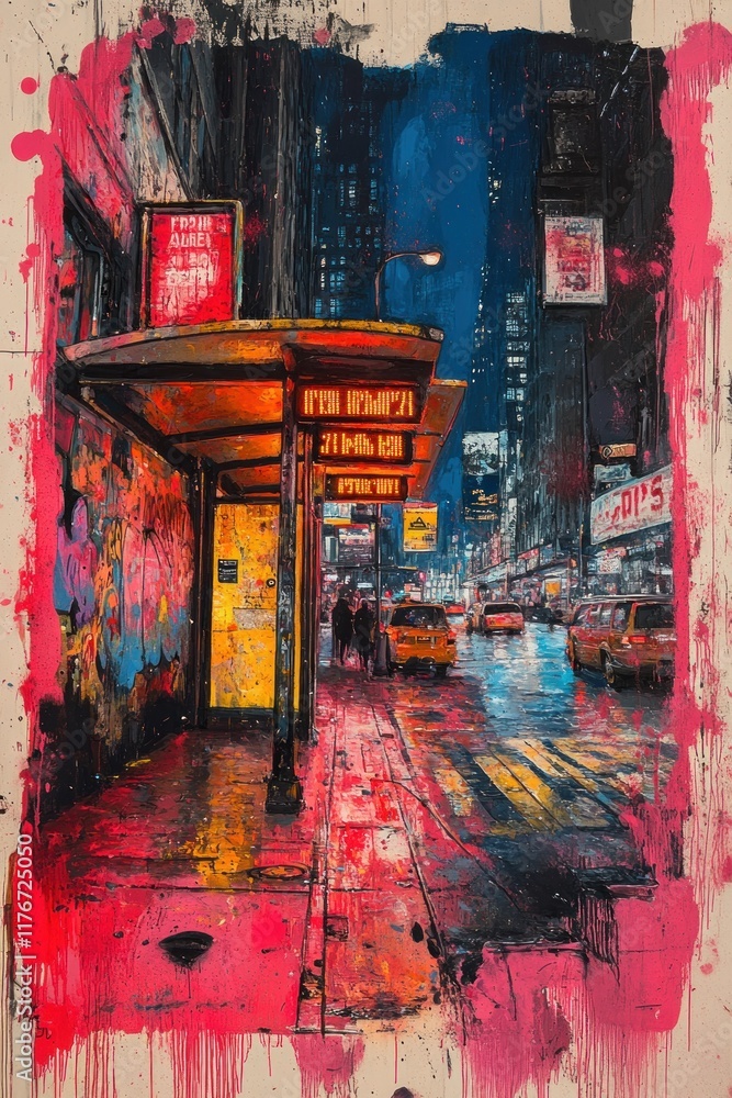 Fototapeta premium Night city street scene, vibrant abstract painting.