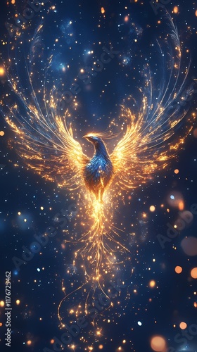 Traditional blue green glowing phoenix illustration poster background