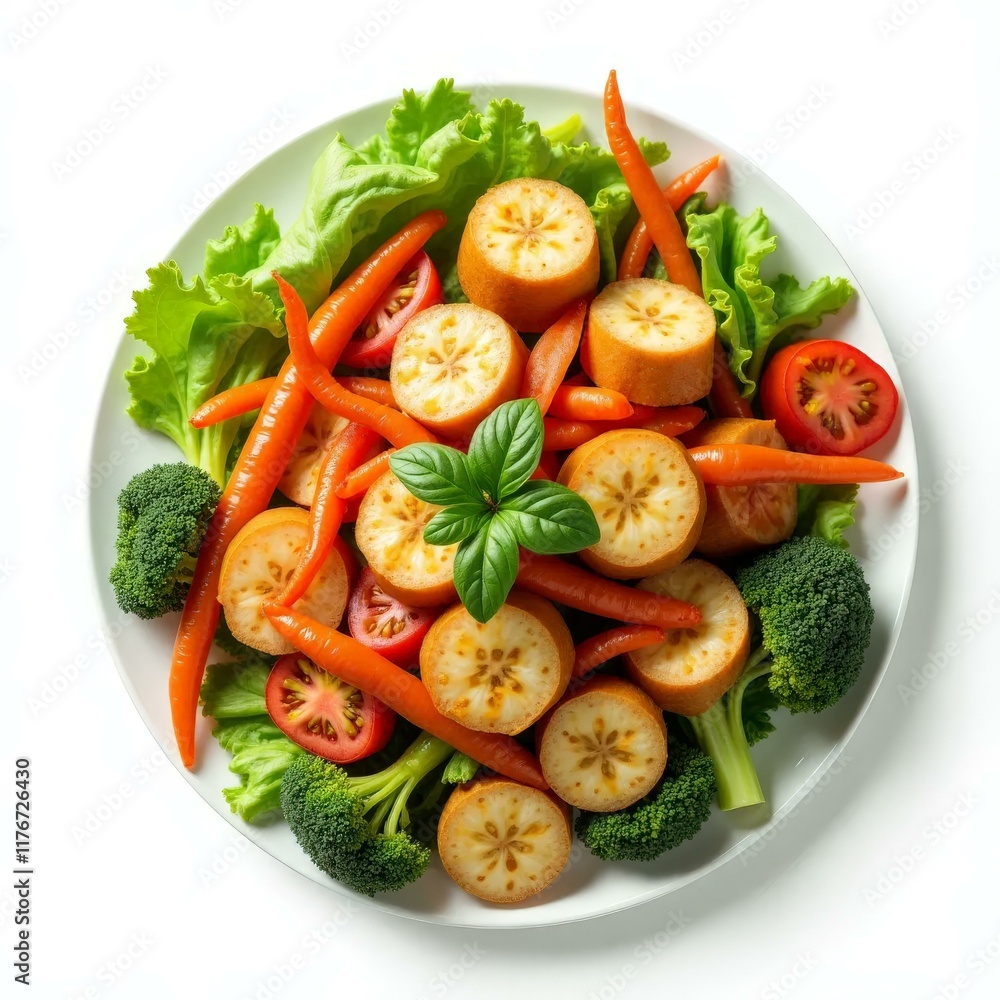 Fresh Salad with Carrots, Tomatoes, and Broccoli on a White Plate Fresh Salad with Carrots, Tomatoes, and Broccoli on a White Plate