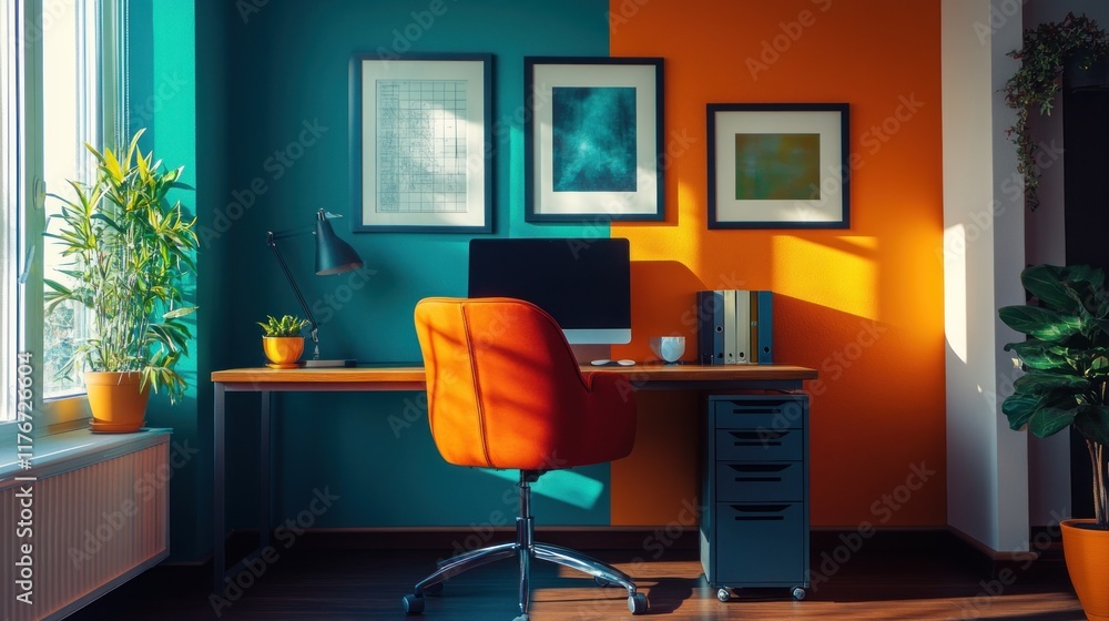 A vibrant home office featuring a colorful wall, desk, and plants for productivity. A vibrant home office featuring a colorful wall, desk, and plants for productivity.