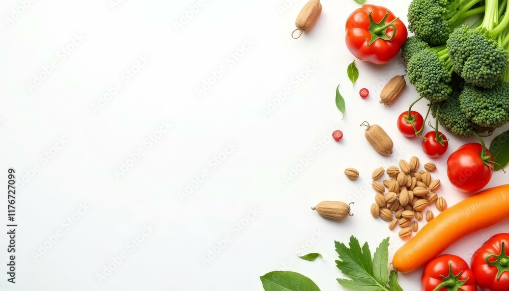 Fresh Vegetables and Nuts on White Background, Healthy Eating Fresh Vegetables and Nuts on White Background, Healthy Eating