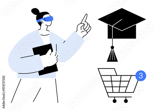 Person wearing virtual reality headset holding book pointing at graduation cap and shopping cart notifications. Ideal for education, e-learning, technology, online shopping, notifications, VR
