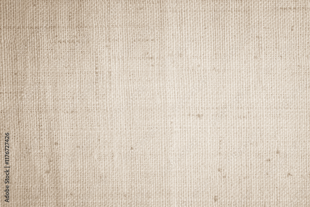 Fototapeta premium Brown sackcloth woven texture background in natural pattern. Jute hessian burlap, linen background in light beige cream color blank. Weaving canvas fiber line cotton cloth textured as organic.