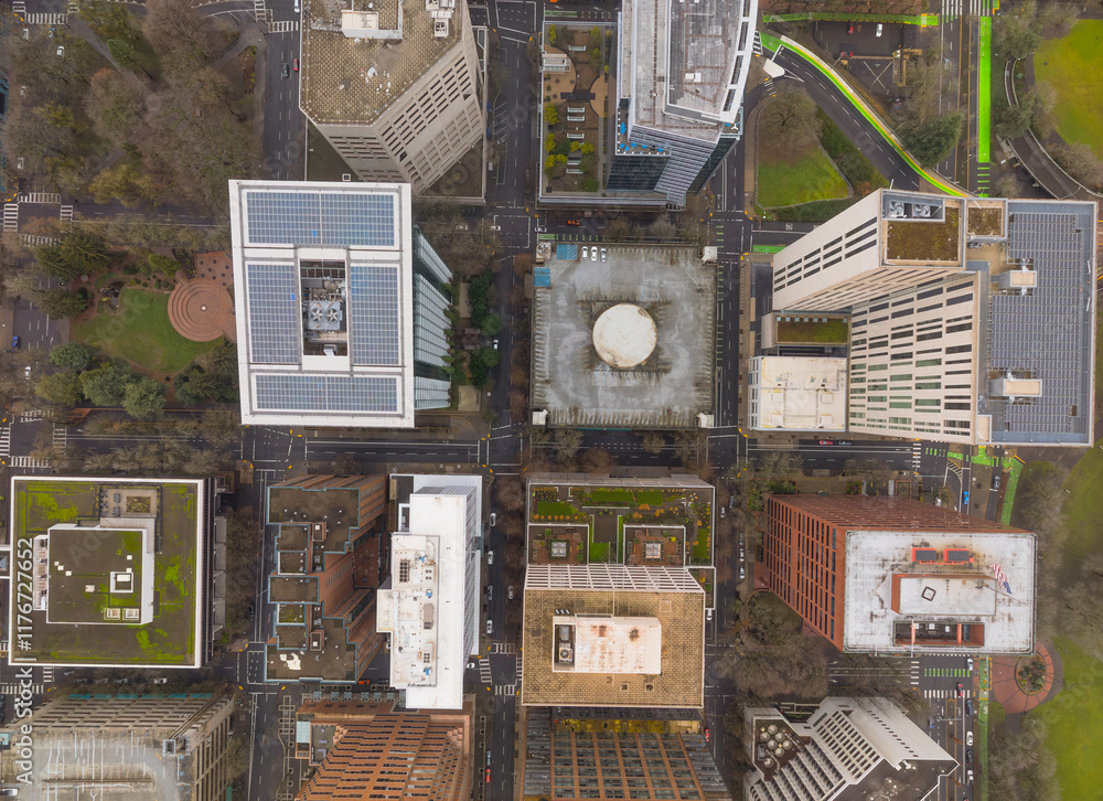A city view from above with tall buildings and a green park