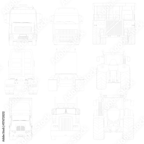 Series of drawings of a truck. The drawings are all different angles and sizes. The truck is a large, heavy-duty vehicle. Front and back view