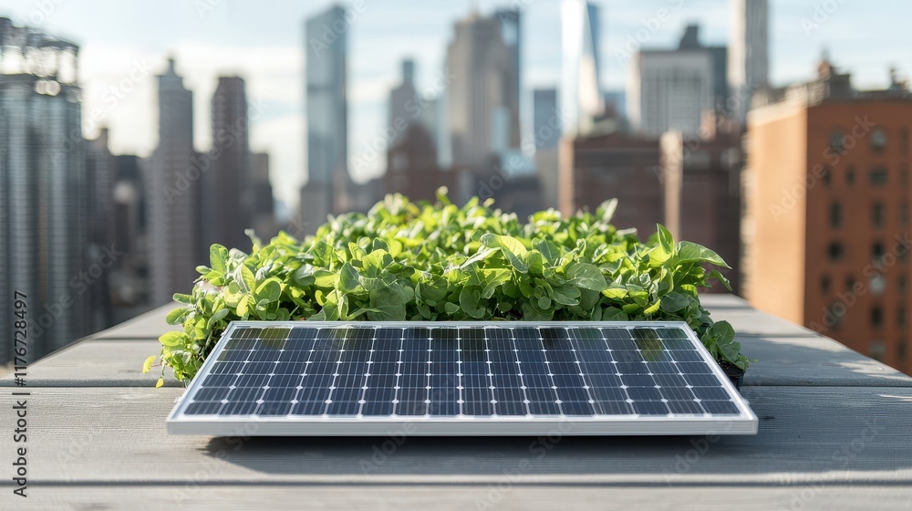 Fototapeta premium Urban sustainability city skyline with green roofs and solar panels modern architecture eco-friendly environment aerial view