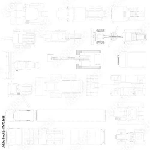 Collection of drawings of various vehicles and buildings. The drawings are in black and white and are all different sizes. Scene is one of creativity and imagination. Top view.