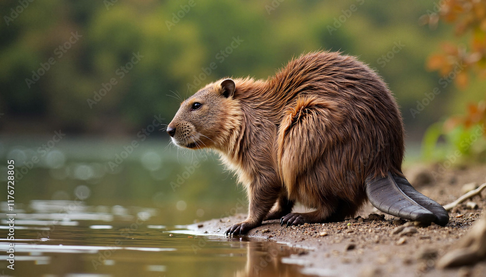 Mature beaver sitting by calm riverbank at dawn, nature's symbolism Mature beaver sitting by calm riverbank at dawn, nature's symbolism