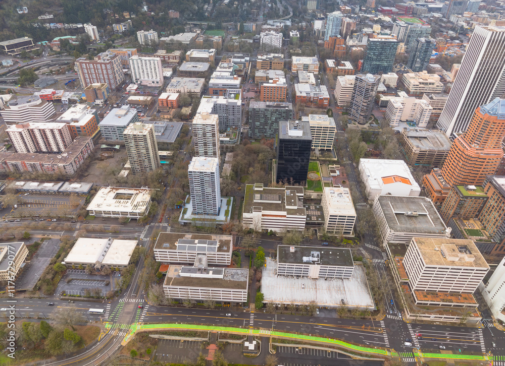 A city view with a green line on the road