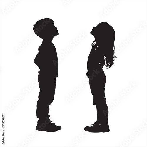 Silhouette of Two Children Standing Looking Up - Vector Illustration 