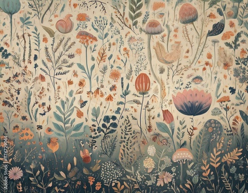 Background illustrations of plants such as mushrooms and flowers