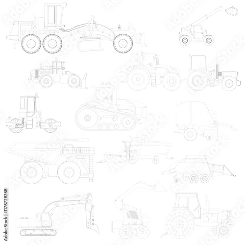 Collection of drawings of farm equipment. The drawings are all in black and white. The drawings include a tractor, a backhoe, a bulldozer, and a dump truck. Side view