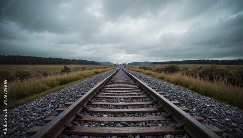 Fototapeta premium Railway tracks leading into the distance under cloudy sky
