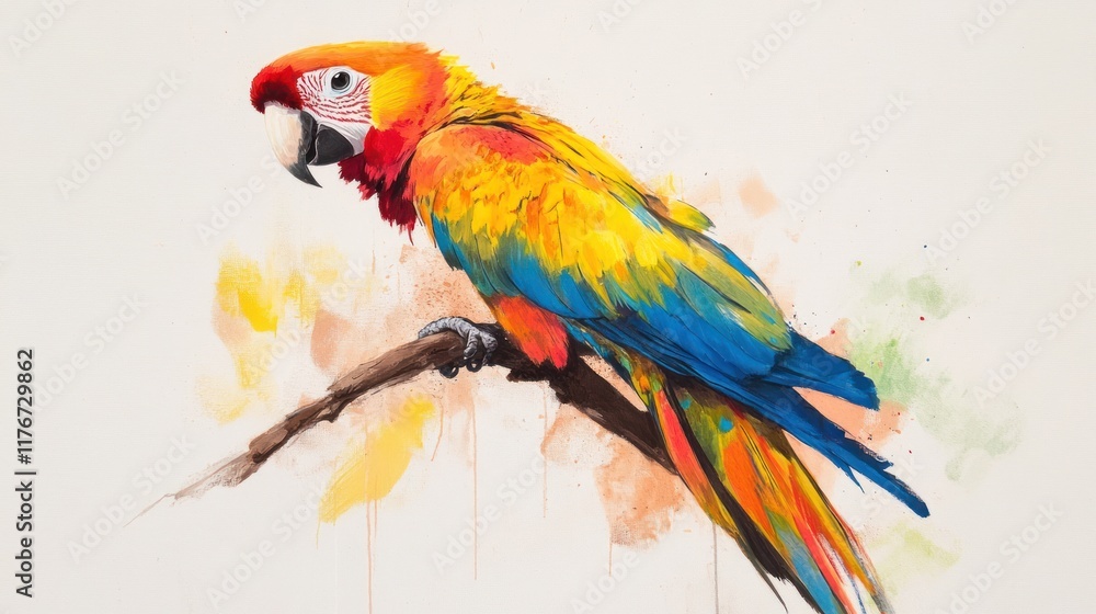 Fototapeta premium A vibrant illustration of a parrot perched on a branch, showcasing its colorful feathers.