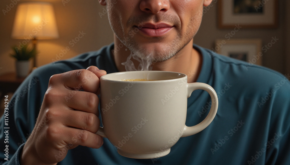Man enjoying hot coffee with steaming cup indoors Man enjoying hot coffee with steaming cup indoors