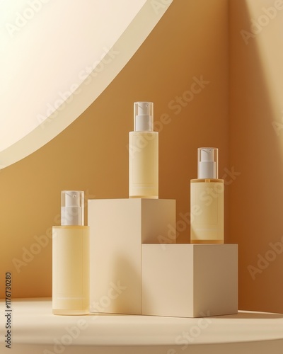 Wallpaper Mural Elegant composition of skincare bottles on geometric pedestals against a warm golden background. Torontodigital.ca