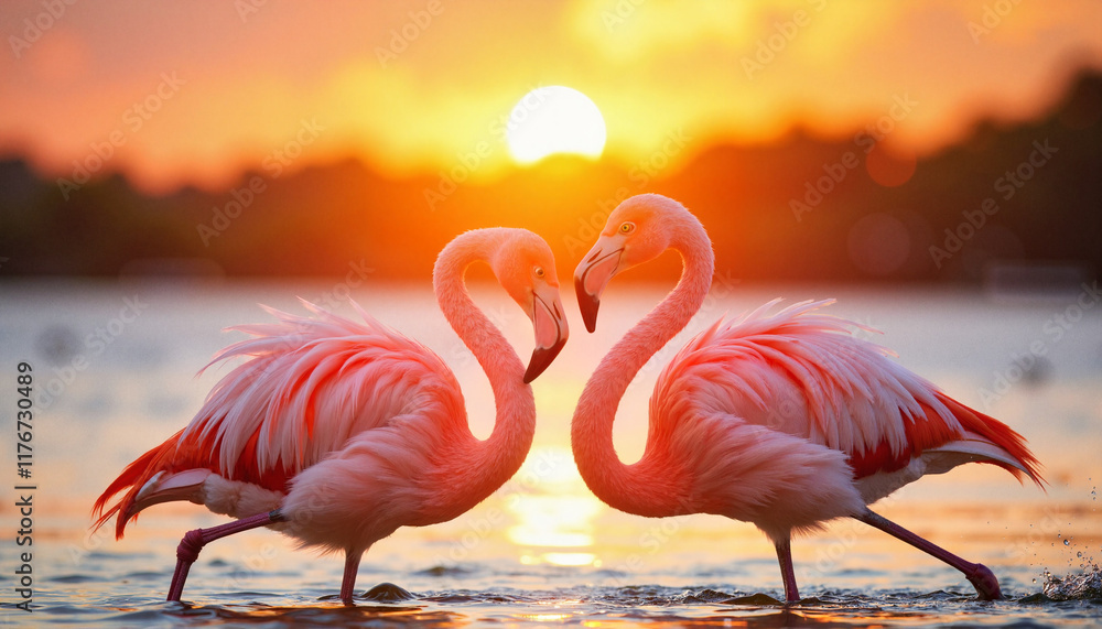 Fototapeta premium Romantic flamingo dance at sunset in serene lagoon, love and elegance