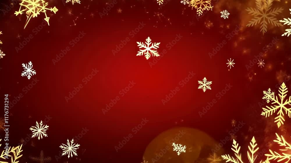 Red background with snowflakes and a white frame. The snowflakes are scattered all over the background Red background with snowflakes and a white frame. The snowflakes are scattered all over the background