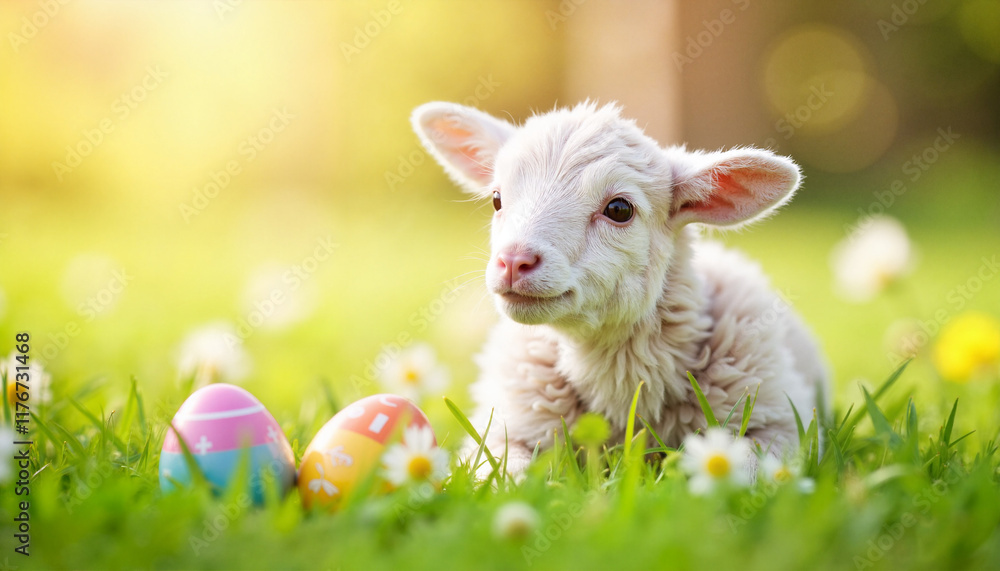 Obraz premium Curious lamb exploring meadow with colorful Easter eggs, spring joy