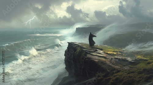Stormy Seascape: A lone figure witnesses the raw power of nature's fury on a dramatic cliffside, amidst crashing waves and a tempestuous sky.