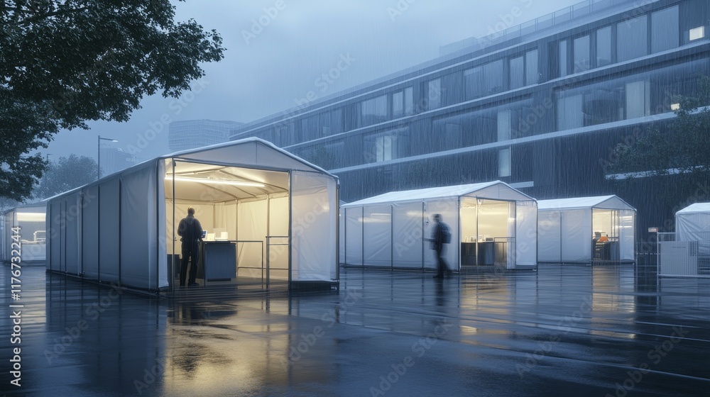 Obraz premium Rainy night, temporary structures, city background, people walking.