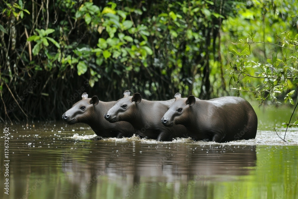 A group of South American tapirs wading through a shallow river in the Amazon basin. A group of South American tapirs wading through a shallow river in the Amazon basin.
