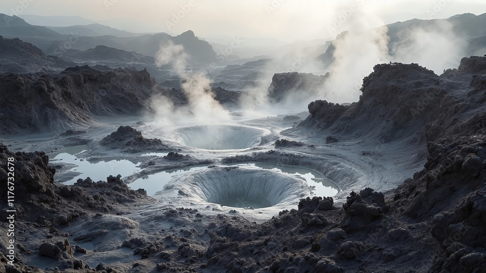 Obraz premium Mud pots emitting steam with surreal geological formations in a rugged, barren landscape.
