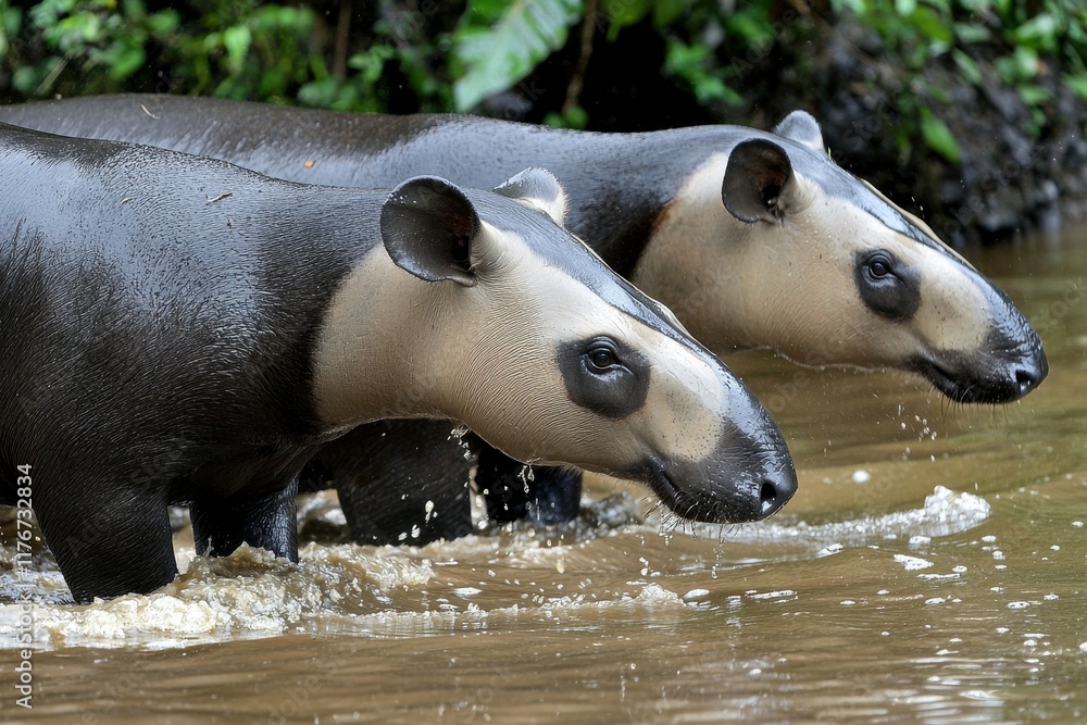 A group of South American tapirs wading through a shallow river in the Amazon basin. A group of South American tapirs wading through a shallow river in the Amazon basin.