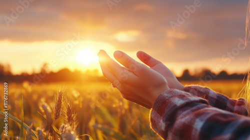 Woman hands praying for blessing from god on sunset background USA