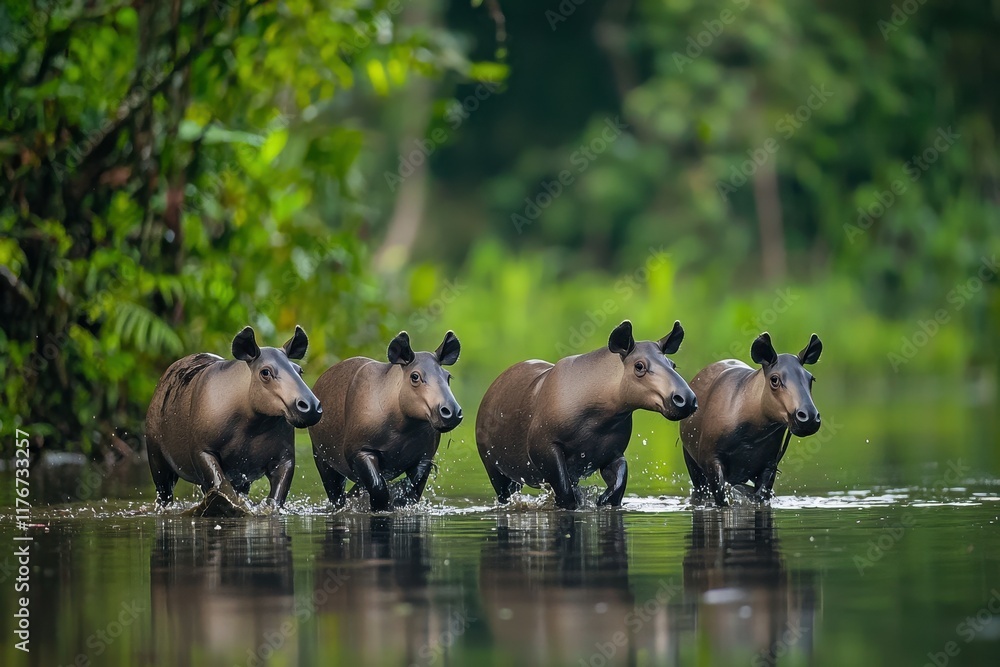 Fototapeta premium A group of South American tapirs wading through a shallow river in the Amazon basin.