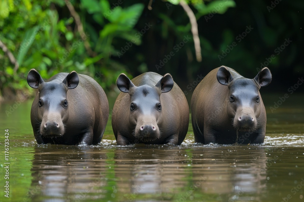 Fototapeta premium A group of South American tapirs wading through a shallow river in the Amazon basin.