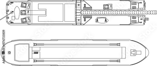 Illustrator sketch of dredging and barges ship technology design for construction work on the high seas.eps