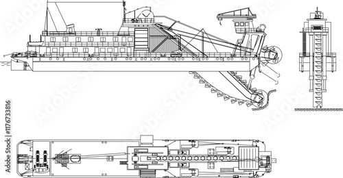 Illustrator sketch of dredging and barges ship technology design for construction work on the high seas.eps