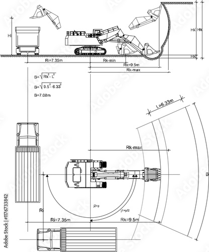 illustrator sketch of excavator heavy equipment vehicle movement calculation design.eps