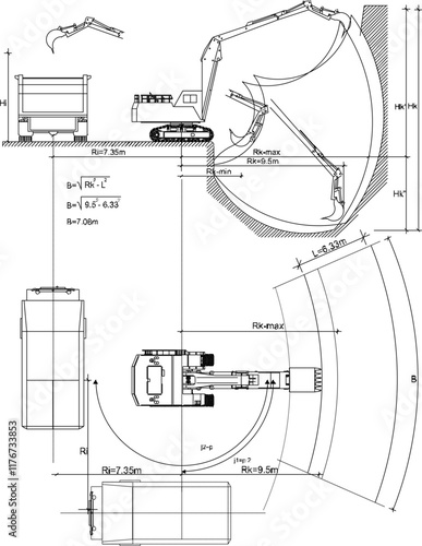 illustrator sketch of excavator heavy equipment vehicle movement calculation design.eps