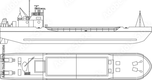 Illustrator sketch of dredging and barges ship technology design for construction work on the high seas.eps