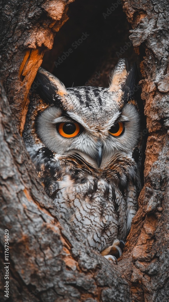 A majestic owl peeks out from a tree hollow, its orange eyes piercing through the darkness. A majestic owl peeks out from a tree hollow, its orange eyes piercing through the darkness.
